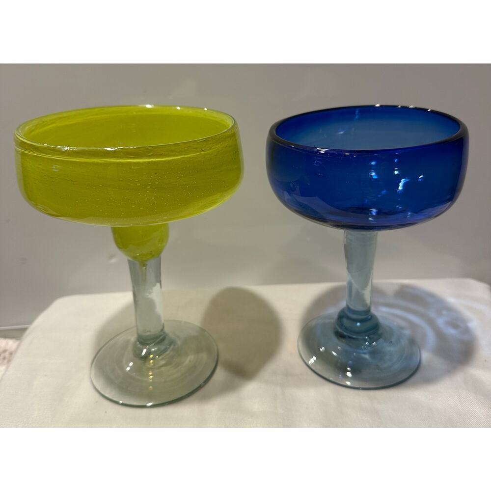 Set of 2 hand-blown Mexican Margarita glasses, one yellow & one Blue Spirits
